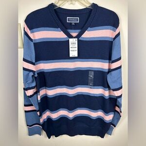 Club Room Sweater Men’s M Pink &‎ Blue Striped V Neck Preppy Academia Modern NEW